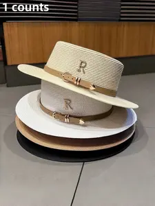 Metal Buckle R Logo Straw Hat, Bohemian Women's Fashion Cute Straw Hat with Leather Buckle, Beach Vacation, Daily Wear Sun Protection, Stylish Hat