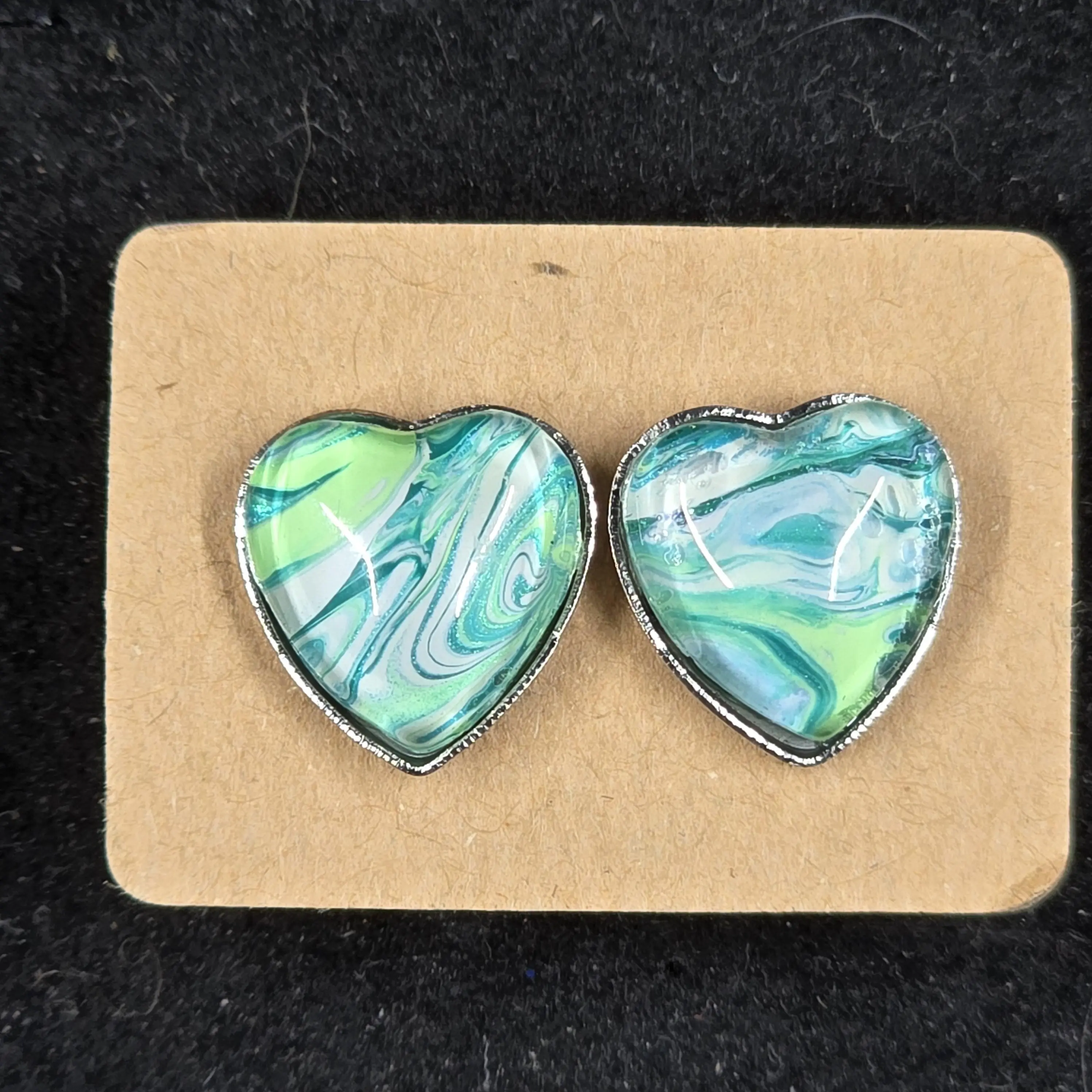 12 mm stud earring, stainless bezel. heart shape hand painted glass cabochon