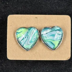 12 mm stud earring, stainless bezel. heart shape hand painted glass cabochon