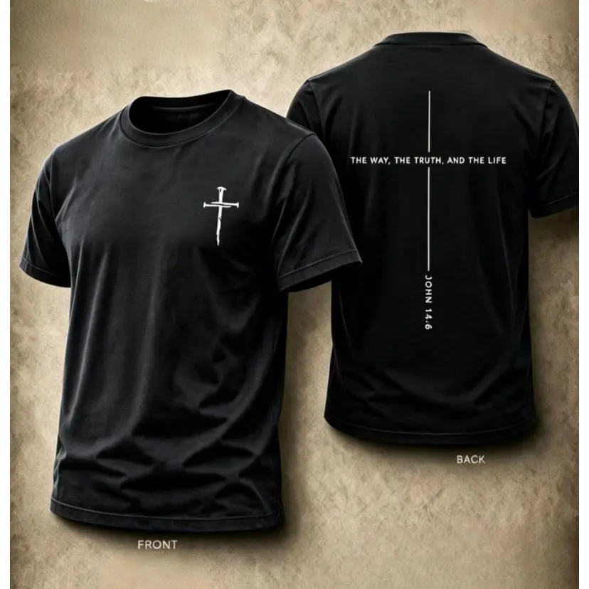 Mens Christian Cross Print Short Sleeve T Shirt Faith Based Bible Verse John 14 6 Soft Casual Breathable Tee for Summer Daily Wear Religious Apparel for Men
