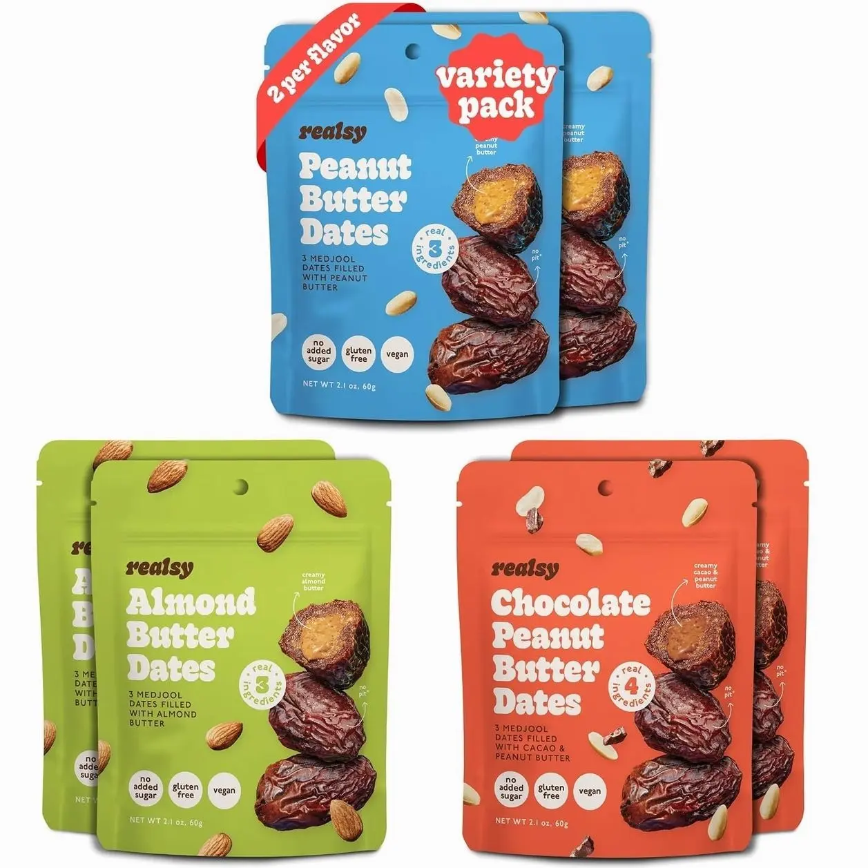 Realsy Pitted & Stuffed Medjool Dates, Organic Dates with No Sugar Added, Gluten-Free, Vegan, Good Source of Fiber, Low Glycemic Index, All Natural Healthy Snack (Variety 6 Pack)