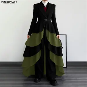 INCERUN Women's Chic Long-Sleeve Black Belted Deconstructed Asymmetrical Petal-Layered Long Jacket Garment, Fitted Autumn-Winter Designer 1-Piece Blazer Dress for Art Exhibitions, Fashion Week Street Style