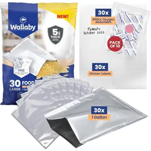 30 Count 1-Gallon Mylar Bags with 400cc Oxygen Absorbers, 10 Mil Total Thickness Long-Term Food Storage Pouches, 10x14 Heat-Sealable Airtight Packaging - Silver