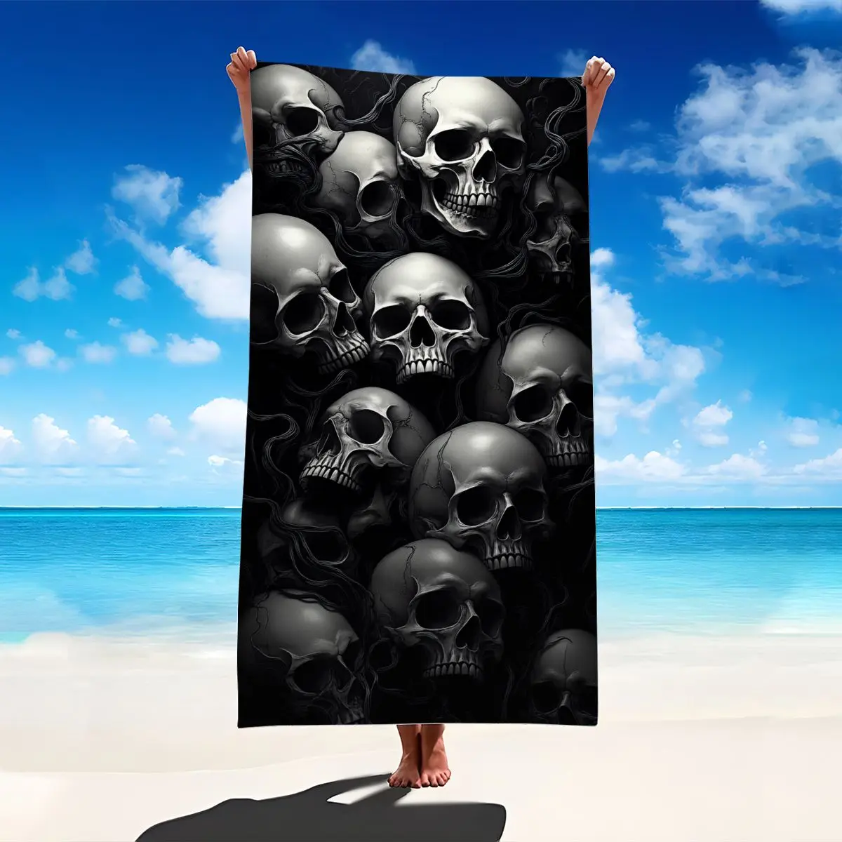 Skull Pattern Beach Towel - Light, Hand-Printed Black & Gray Design, 39.3*19.7inch/50x100cm, Quick-Dry Soft Absorbent Large Towel for Men, Outdoor Swimming Pool Cover Use