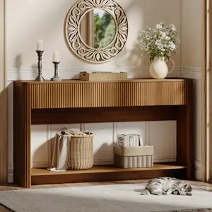 Oxirth  Fluted Console Table with Storage, Entryway Table Sofa Table with 3 Drawers and Open Shelf, Modern Narrow Display Shelf for Hallway Living Room