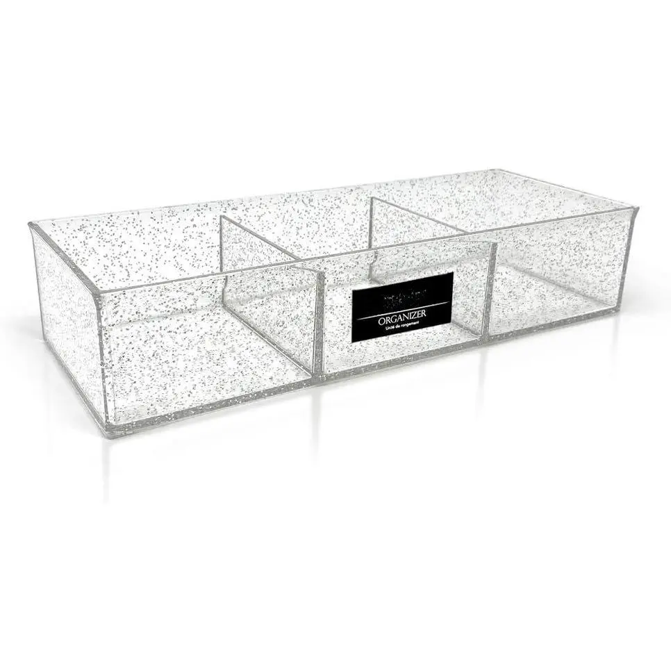 Silver Glitter Lucite Plastic Large 3-Compartment Stackable Organizer (12.9 in L x 5 in W x 2.7 in H) - Multi-Sectional Tray for Countertop Tidy, Desk, Bathroom Storage Needs
