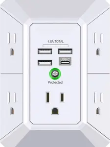 Wall Charger Surge Protector 5 Outlet Extender with 4 USB Charging Ports 4.8A Total 3-Sided 1680J Multi Plug Adapter Spaced for Home Travel Office