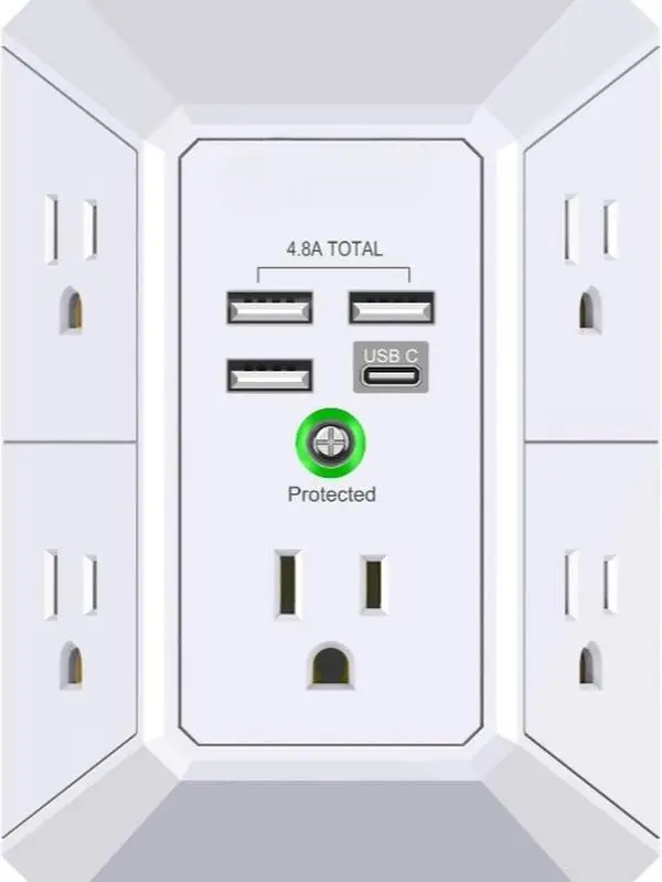 Wall Charger Surge Protector 5 Outlet Extender with 4 USB Charging Ports 4.8A Total 3-Sided 1680J Multi Plug Adapter Spaced for Home Travel Office