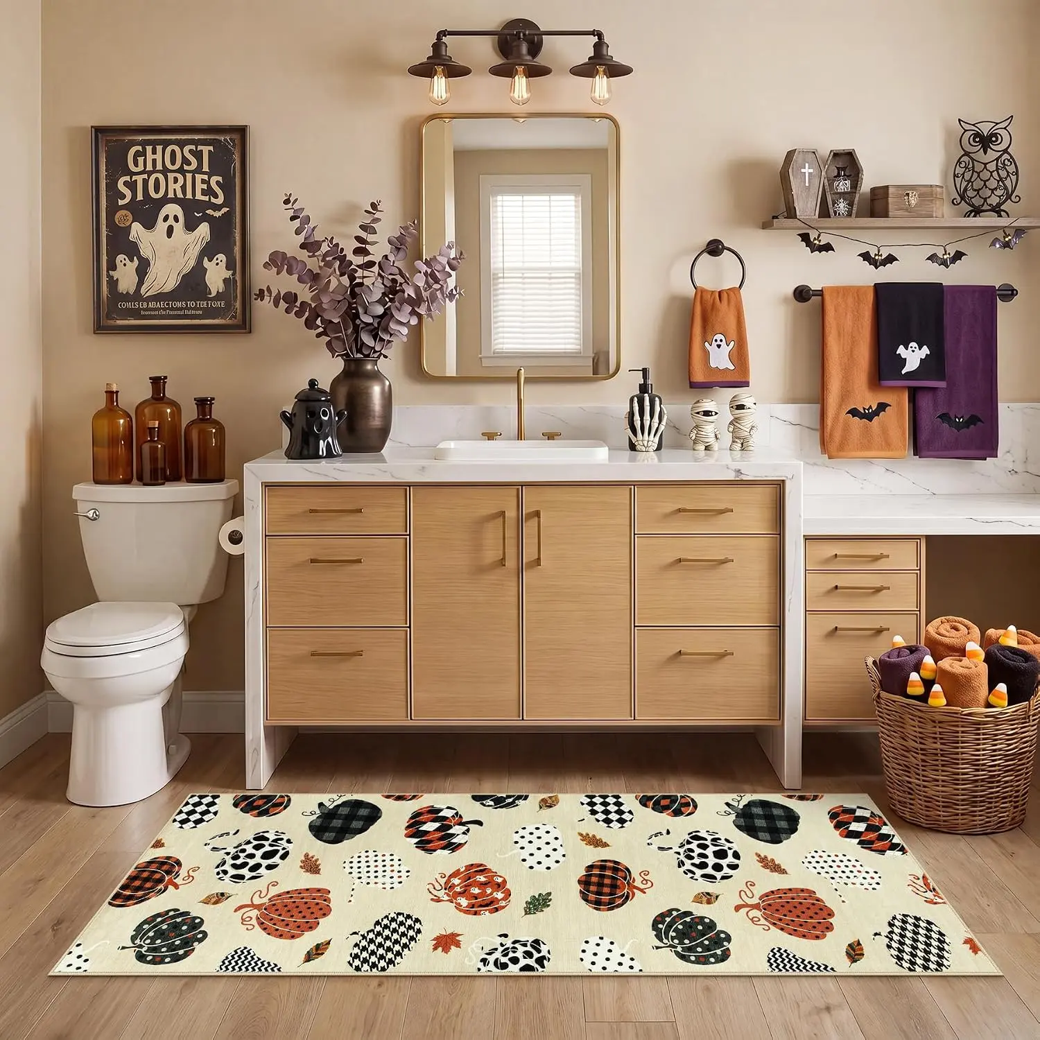 Tribesigns 2x6 Beige Halloween Fall Pumpkin Print Hallway Runner Rug for Kitchen | Washable, Non-Slip, Low-Pile Cute Rug for Hallway, Entryway, Bedroom, Bathroom, Halloween Home Decor, Includes 4 Rug Grippers
