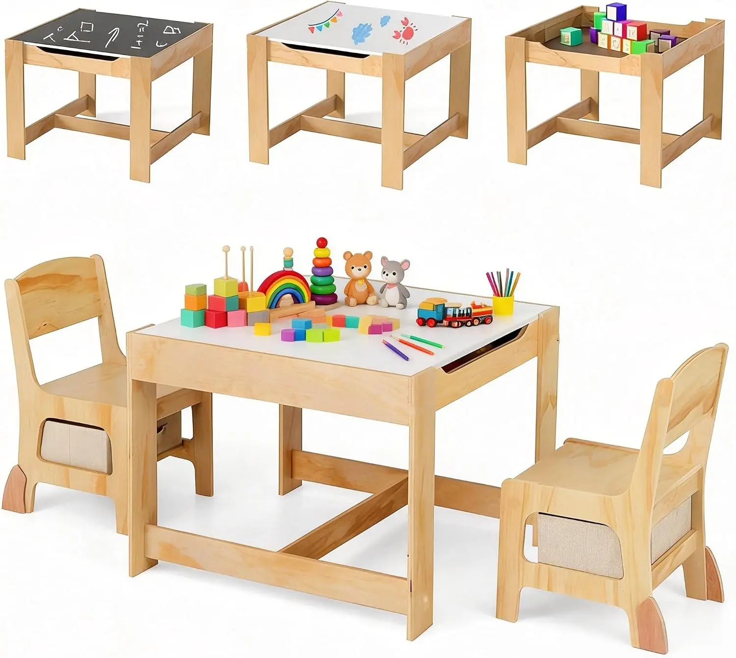 Costzon Kids Table and Chairs, 3 in 1 Wooden Activity Toddler Desk Set | Art & Craft Table Set wIth Blackboard & Storage Drawers, for Drawing, Playing, Dining, Nursery, Playroom