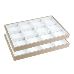 REGALWOVEN Set of 2 Stackable PU Leather Jewelry Organizer Trays with Removable Dividers for Drawers, Jewelry Organizer Drawer Inserts Holder 12 Grid Tray White, 35*24*3cm