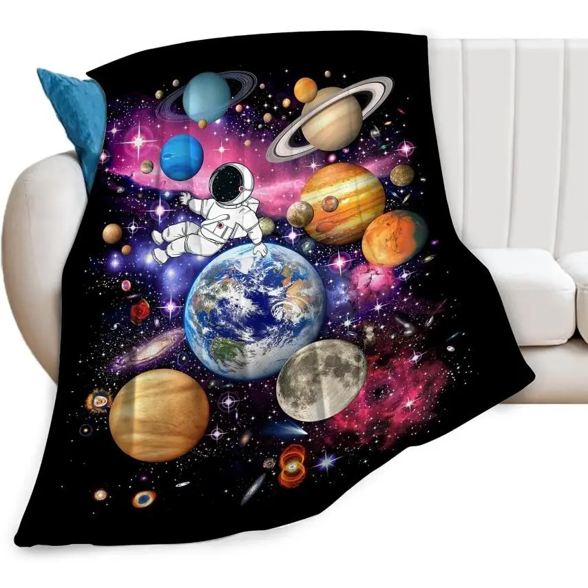 Premium Fleece Flannel Blanket - Space Galaxy Astronaut Graphic, 40x50 in (100x125cm Kidsize), Cozy Soft Warm Lightweight Breathable All Seasons Throw, Solar System Themed Christmas/Father's Day Gift for Wolf Lovers, Home & Travel Use, Retro Look