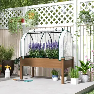 Raised Garden Bed with PE Greenhouse Cover Outdoor Planter Box for Herbs and Vegetables, 48 x 22 x 46 inch, Brown