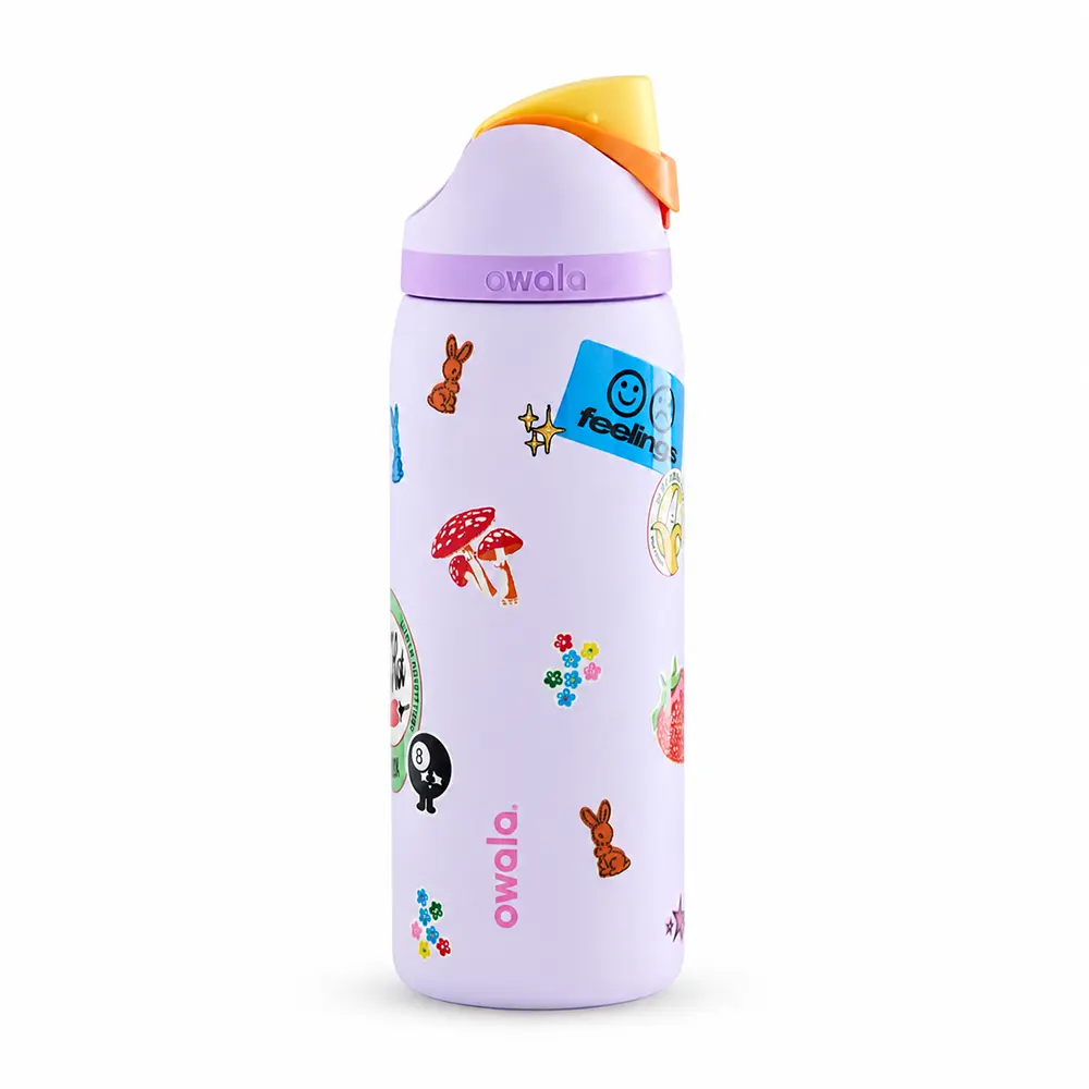 Owala Lavender Retro Sticker Collage Insulated Water Bottle with Built-In Straw, Push-Button Lid & Carry Handle – Cute Y2K Mushroom, Bunny & Floral Print Stainless Steel Bottle for Women & Teens