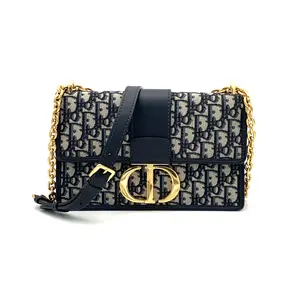 Pre-owned Dior Canvas and Leather Flap Bag 30 Montaigne Chain Oblique Canvas Grey #2237