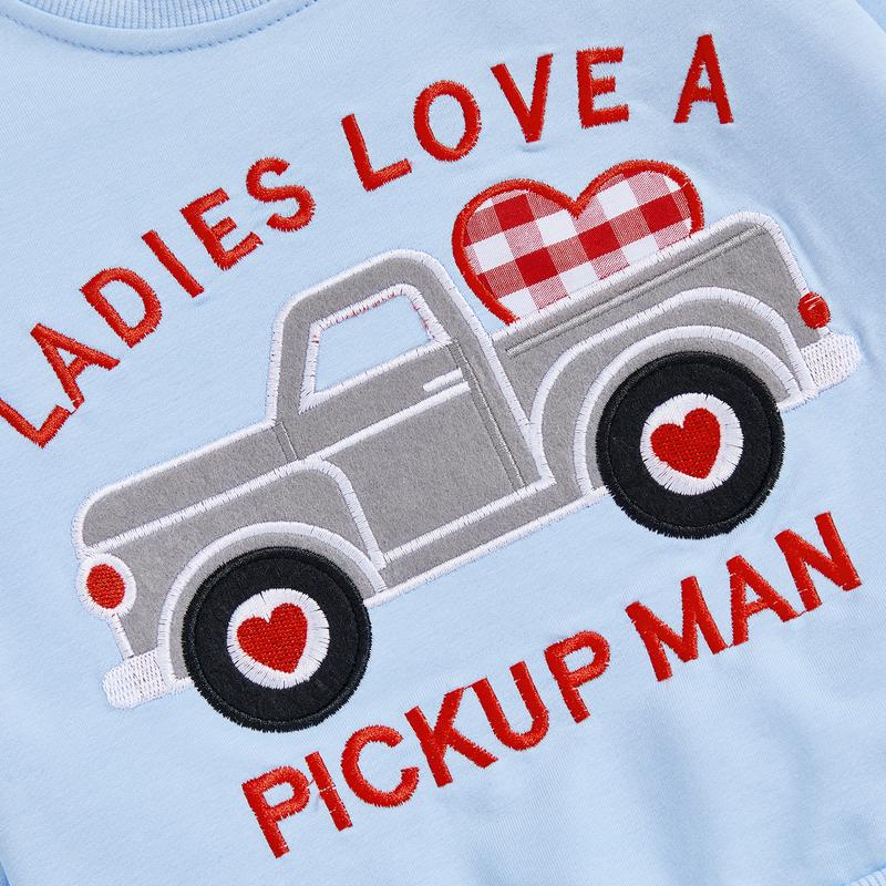 Toddler Baby Boy Outfits Valentine's Day Truck Heart Print Pullover Sweatshirt and Plaid Pants Spring Winter Set 6M-4Y