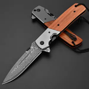 Tactical EDC Folding Knife, Practical Folding Knife Features Damascus steel composite blade and wooden handle Ideal for outdoor barbecues, camping, driving, daily carry, and unboxing tasks Men's gift, survival gear