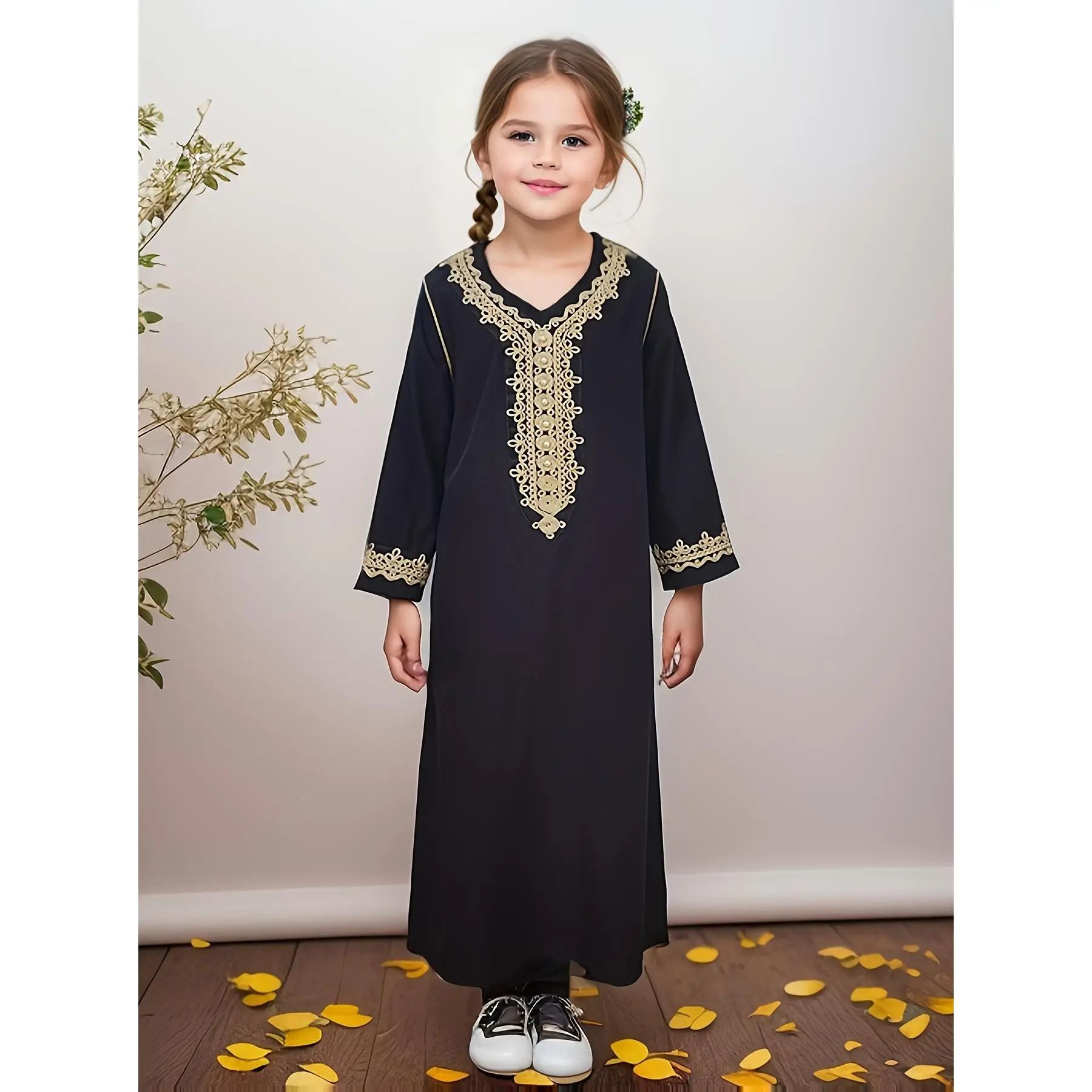 Modest Polyester Abaya, Crew Neck, Slight Stretch Fabric, Solid Color, Regular Fit, Woven, for Muslim Youth, All Seasons Traditional Middle Eastern Dr