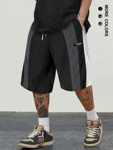 Men's Colorblock Letter Patched Drawstring Waist  Corduroy Shorts, Regular Fit  Casual Comfy Pocket Straight Leg Shorts for Summer, Fashion Men's Bottoms for Daily Wear