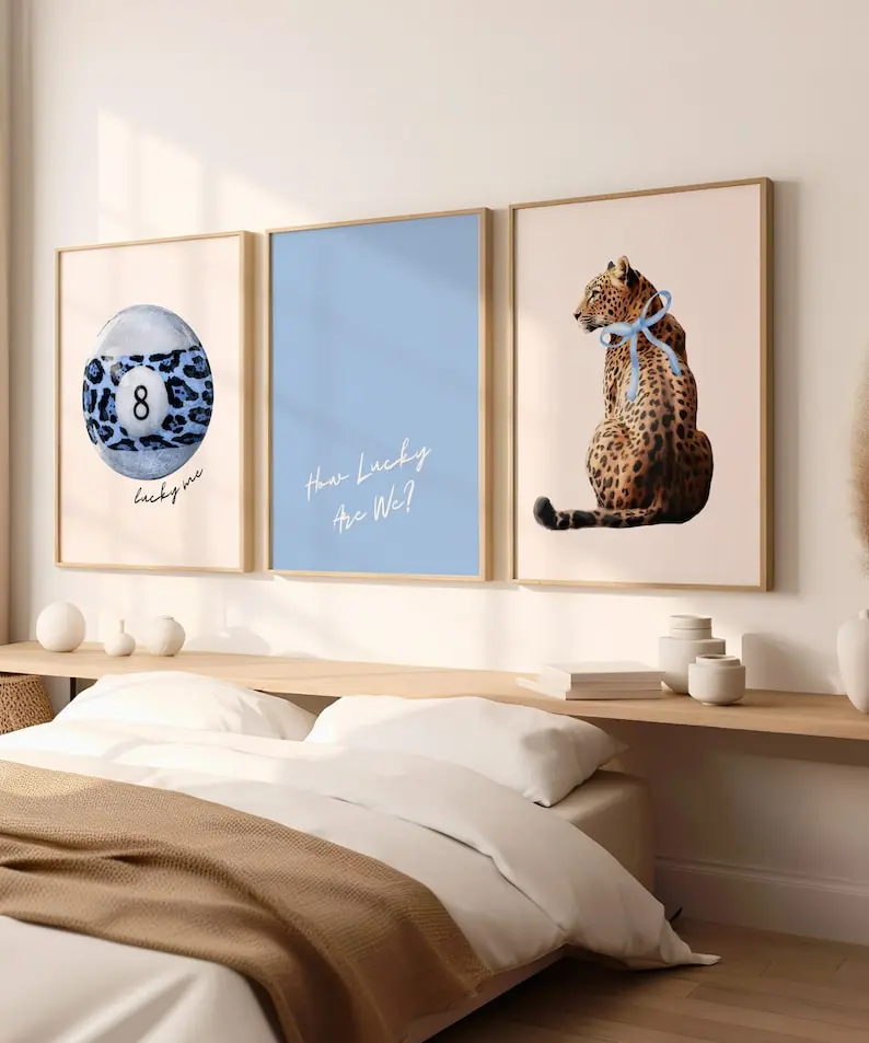 Set of 3 How Lucky Are We Leopard Wall Art Print Lucky 8 Ball Poster Lucky Me Trendy Blue Posters Preppy Coquette Wall Art