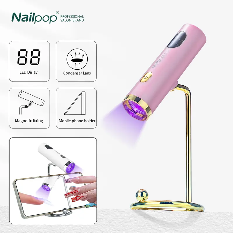 1PC Nailpop Portable Cordless UV Nail Lamp with Magnetic Stand, 8X Fast Curing LED Gel Light for DIY Press-Ons & Travel Manicures (White/Pink Options)