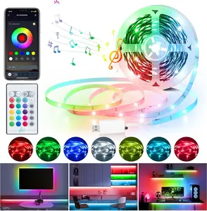 LED Strip Lights 32.8Ft,Dimmable 5050 RGB LED Lights Strips with IR Remote and APP Control,Music Sync Color Changing TV LED Backlight,USB Self-adhesive LED Lights Kit for Home TV PC Monitor Party DIY