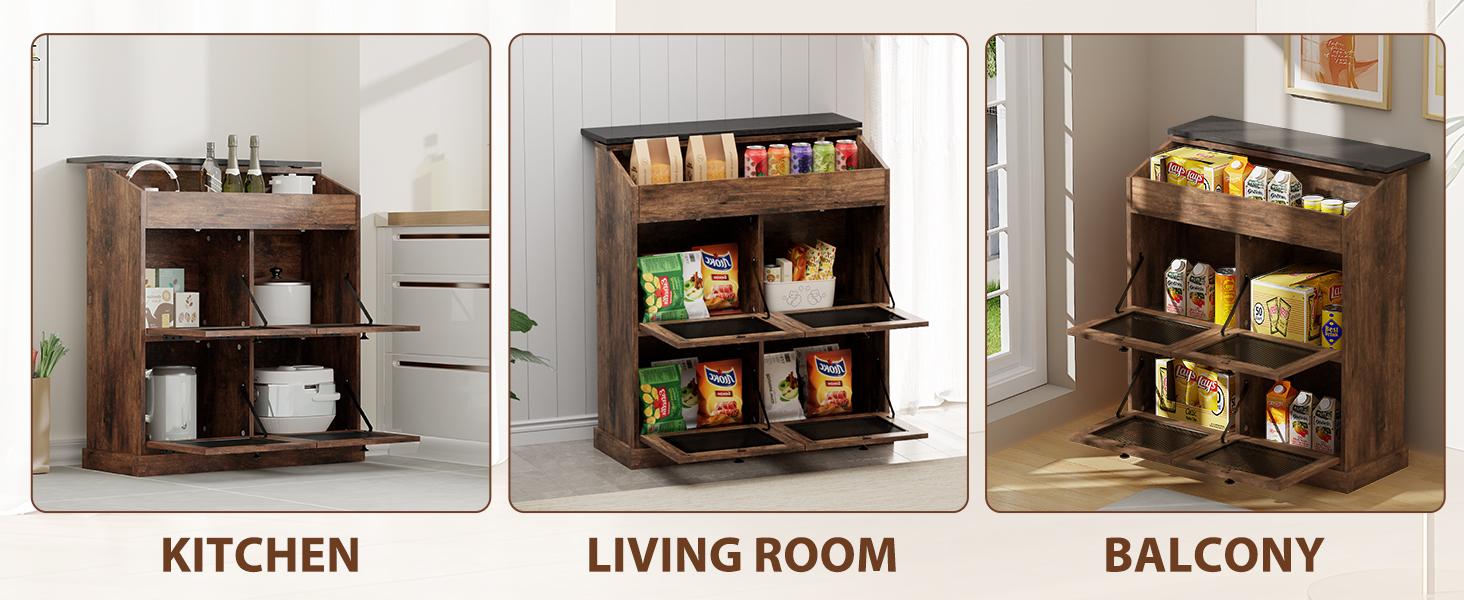 Large Potato Storage Wood Bin, Wooden Bread Storage Bins, Decorative Potato and Onion Storage Bin with 4 Doors, Potato Bin with Grocery Section, Wooden Vegetable Storage Box with Lid