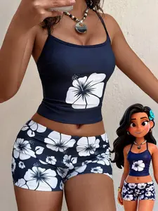 COCOMAY Bohemian Hibiscus Flower Swimsuit - Cute Camisole Top with Built-In Bra & Boyshort Bottoms for Beach & Sports