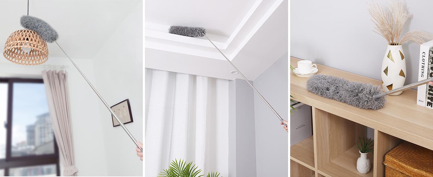 [New Deal] Extra-Long Dusters with Extension Pole 100-inch for Cleaning, Bendable Microfiber Head Washable Ceiling Fan Duster for High Ceilings