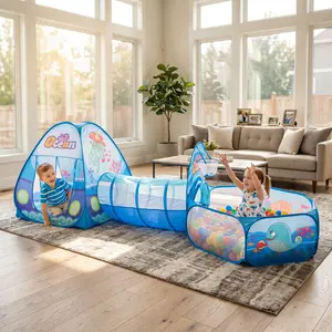 Apojungle 3-in-1 Ocean Themed Kids Play Tent, Pop Up Playhouse with Tunnel & Ball Pit, Breathable Toddler Play Center, Indoor Backyard Outdoor Game Toy, Ideal Kids Gift
