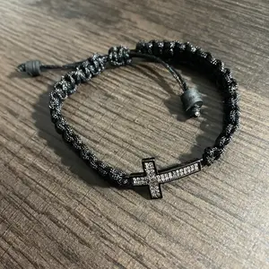 Black unisex adjustable macrame bracelet with CZ cross