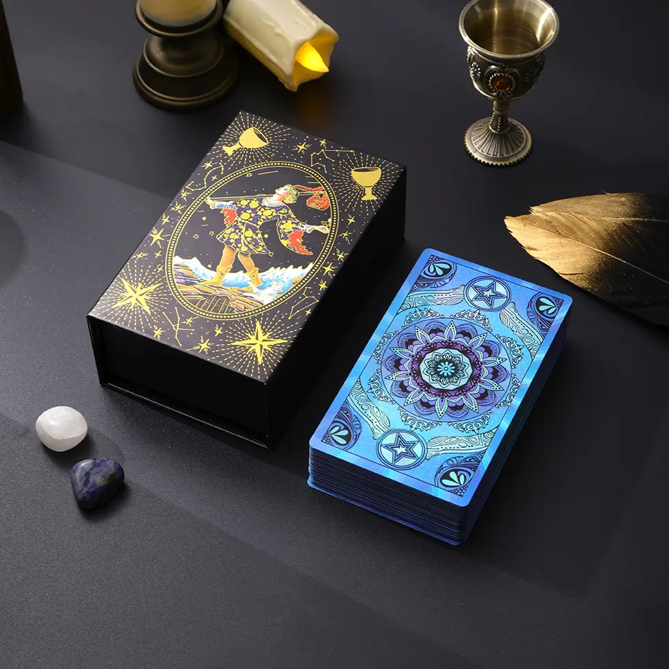Premium Blue Iridescent Foil Rider-Waite 3-Piece Kit for New Readers, Waterproof & Bend-Proof, with Gift Box + Full Guidebook Covering Chakras, Planets, Zodiac & 4 Elements, Ideal for Gifting & Tarot Parties