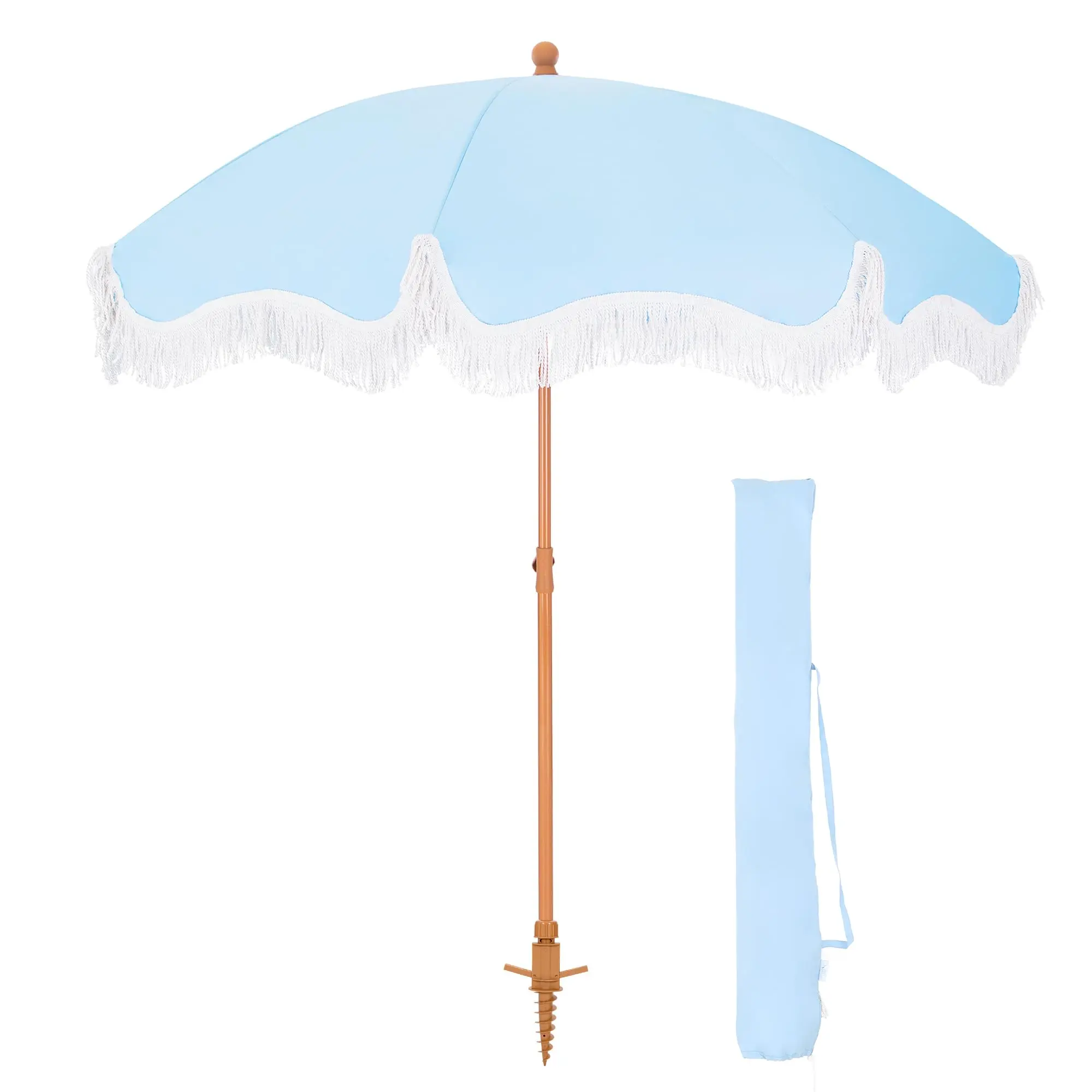 PHIVILLA 7ft Patio Umbrellas with Fringe, Outdoor Tilt Beach Umbrella Portable for Sand, UPF 50+ Canopy with 8 High Wind Proof Fiberglass Ribs and Carry Bag, Light Blue