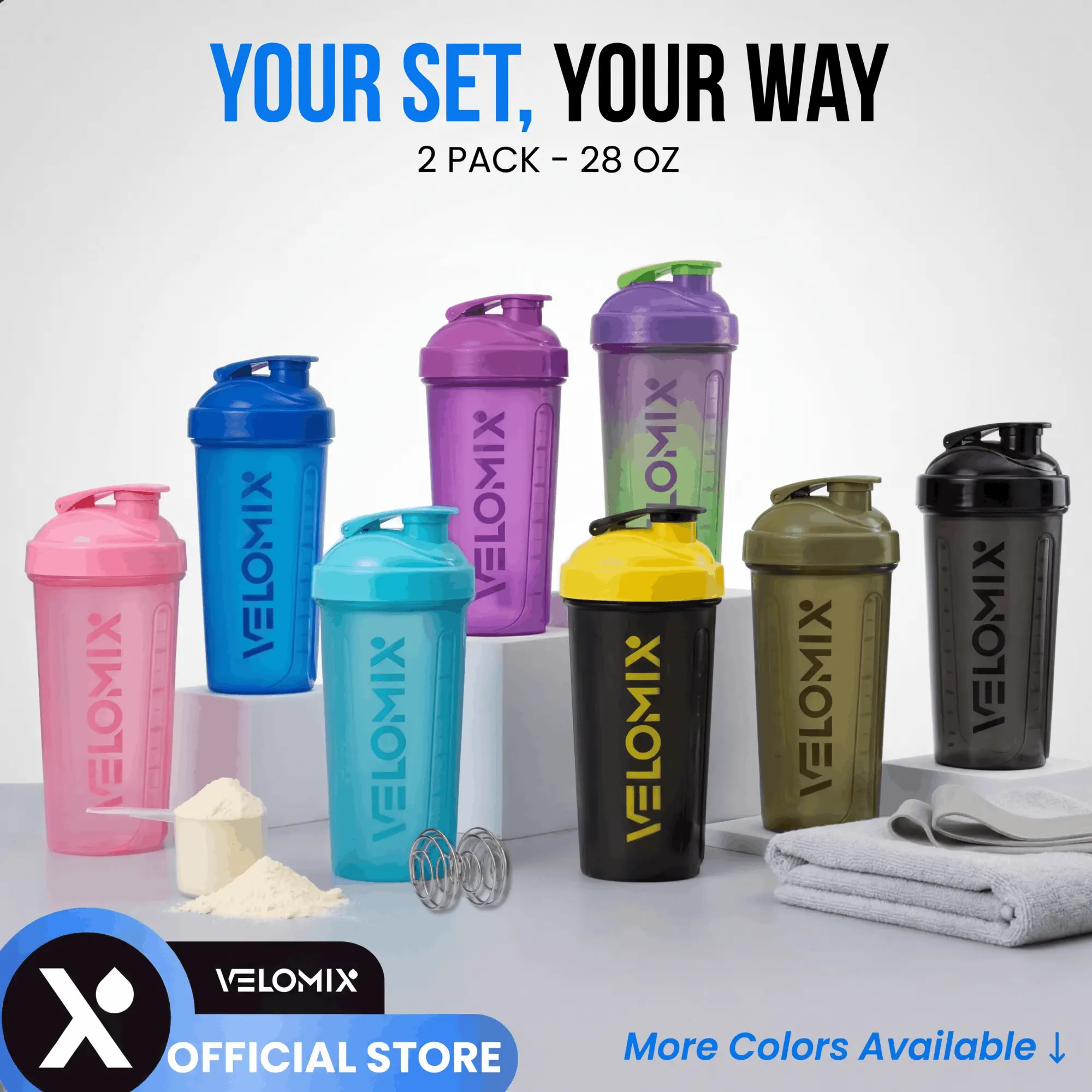VELOMIX 2-Pack 28oz Classic Shaker Bottles - Leak-Proof Protein Shaker with Wire Whisk Ball, BPA-Free Sports Water Bottle for Gym Use, Multiple Colors