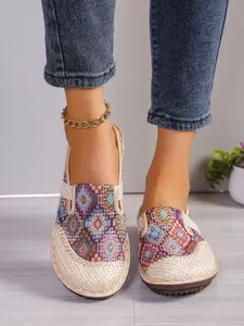 Women's Boho Breathable Soft Sole Slip-On Shoes, Round Toe Anti-Slip Woven Linen Half Slippers, Casual All Season Textile Footwear