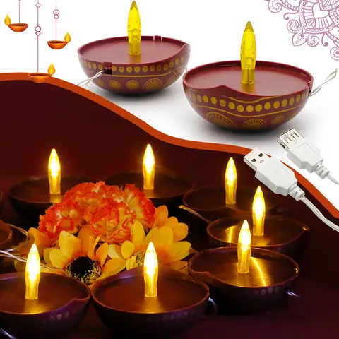 alikiki Diwali Diyas String Lights Decor - 10 LED Diyas Lights USB Operated Indian Pooja Room Home Office Mandir Puja Gifts Hindu Wedding Light
