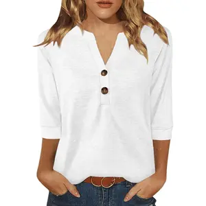 Womens Tops 3/4 Sleeve V Neck Button Down Shirts Business Casual Outfits Basic Tees Summer Top 2026