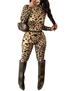 Women's Fashion Casual Leopard Print Short Slim Fit Long Sleeve Pants Set, Colorblock Waist Letter Print Design, Spring & Fall, Womenswear, Fitted