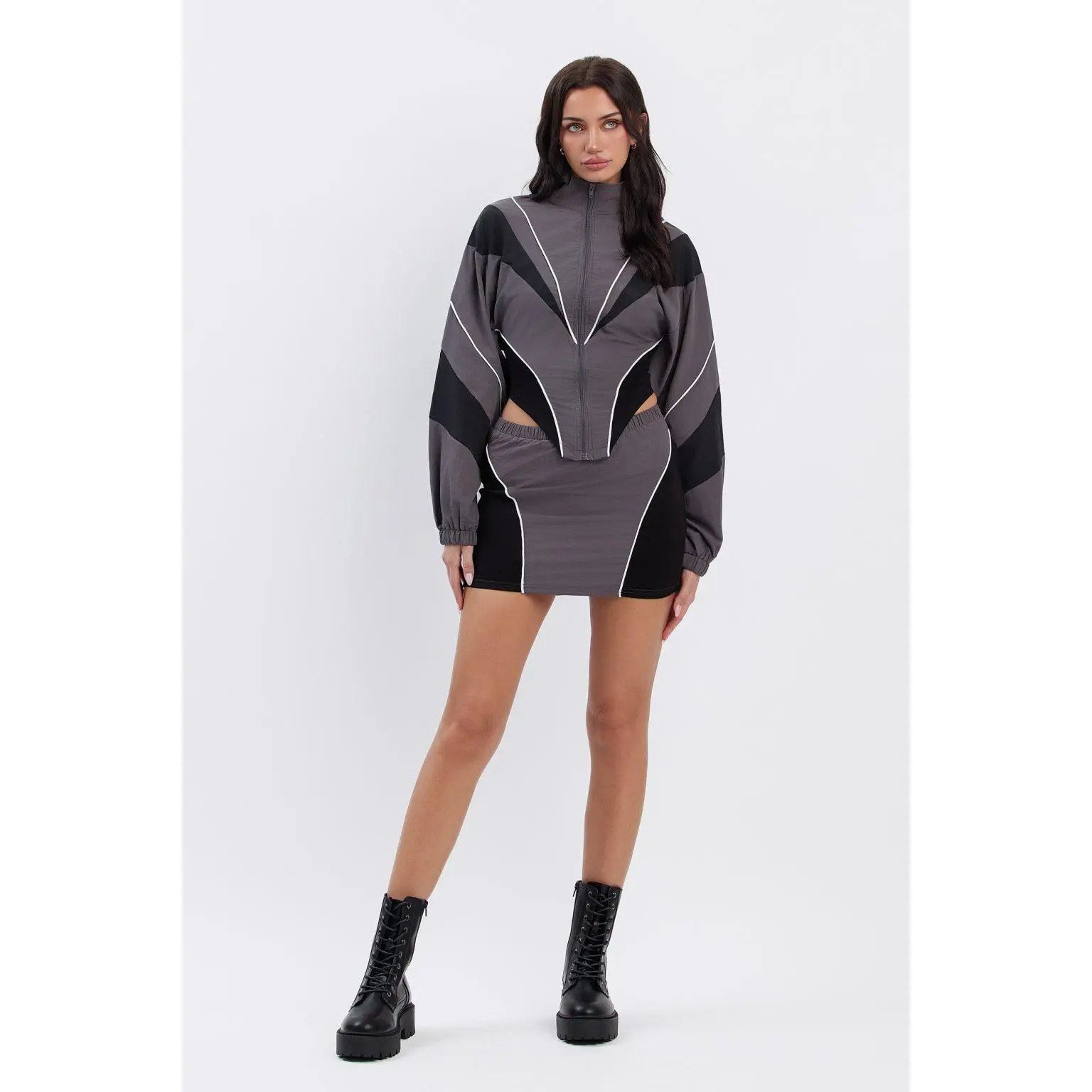 "Maverick" Nylon Contrast Track Suit Top & Mini Skirt Set.