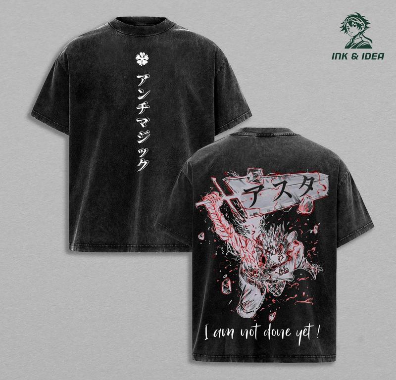 Asta Black Clover Black Bulls Anime Double Printed Vintage Washed Tee Unisex Oversize Anime Manga Washed Heavyweight Cotton T-shirt