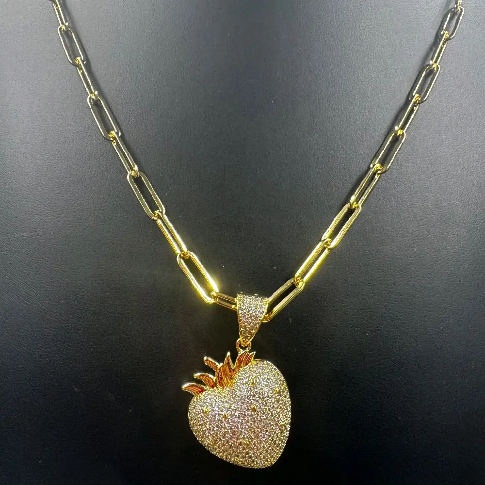 26” Laminated Gold Strawberry Pendant Paperclip Necklace