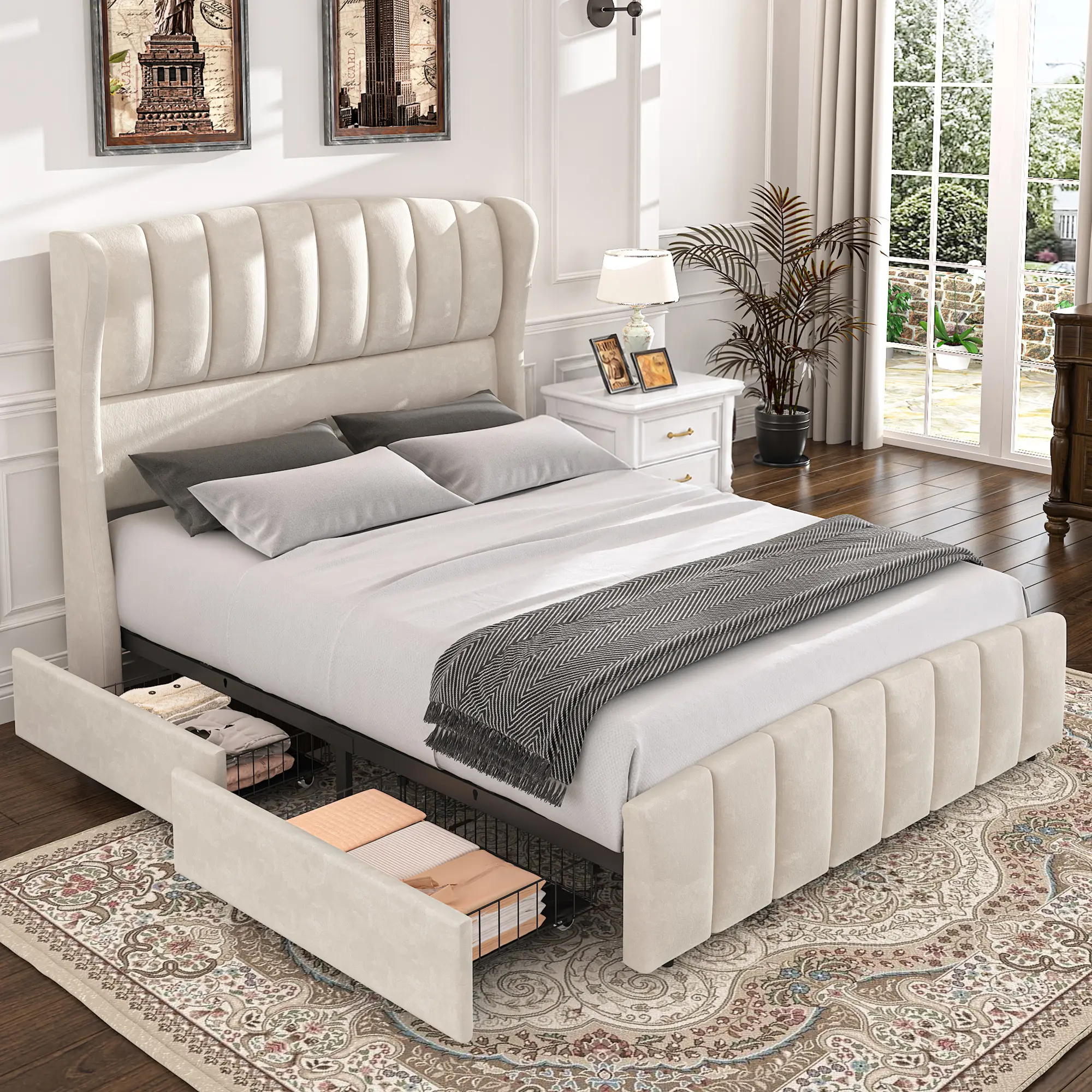 Queen/King Velvet Fabric Bed Frame - 54in Tall Modern Luxury Upholstered Platform Bed with 4 Storage Drawers, Channel Tufted Wingback Headboard & Footboard, Noise-Free Anti-Slip Slat Support, No Box Spring Needed