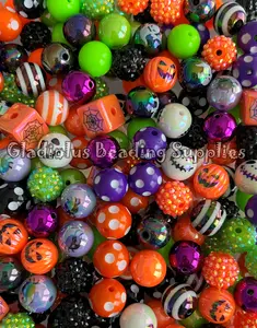 16mm Halloween Mixed Solid/Print Beads, Spooky Season, Happy Halloween, Trick or Trick, Randomly Assorted Beads, Mixed Colors, Acrylic, Loose, Chunky, Round, Gumball, Crafting Supplies