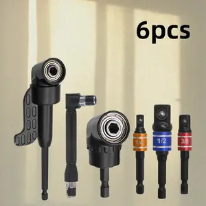 6Pcs Right Angle Drill Bit Set, 360° Rotatable Style, 1/4" 3/8" 1/2" Socket Adapters & 90° Bevel Attachment, for DIY & Home Repair