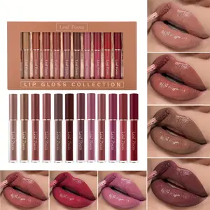 12Pcs Hydrating Lip Glossy Waterproof Long Lasting Lipstick Makeup High Color Lip Tint Quick Drying Non Stick Cup Cosmetic Suitable For Beginner
