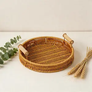Multi-Functional Handmade Woven Fruit Basket, Durable Wooden Handle Tray, Rustic Style Storage Basket for Fruits, Pastries, Small Decorations, Living Room & Kitchen Use
