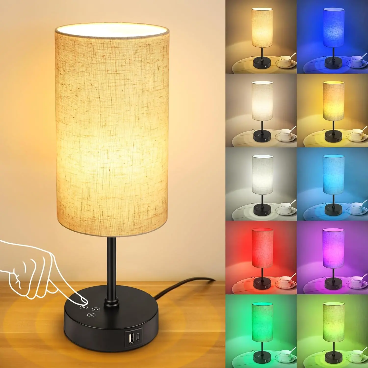 Table Lamp with Touch Control, 3 CCT 3000K/4500K/6500K & RGB Color Changing, Stepless Dimmable Small Bedside Lamp for Reading, Ambience Nightstand Light for Home Decor Party, Beige Shade