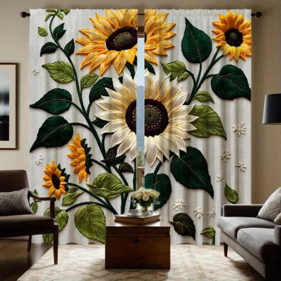 2 Piece High Definition Sunflower Polyester Curtain, Home Decorative Curtain for Cozy Home Decor, Interior Decoration Accessories, Digital Printed Window Drapes, Window Curtains for Living Room & Bedroom