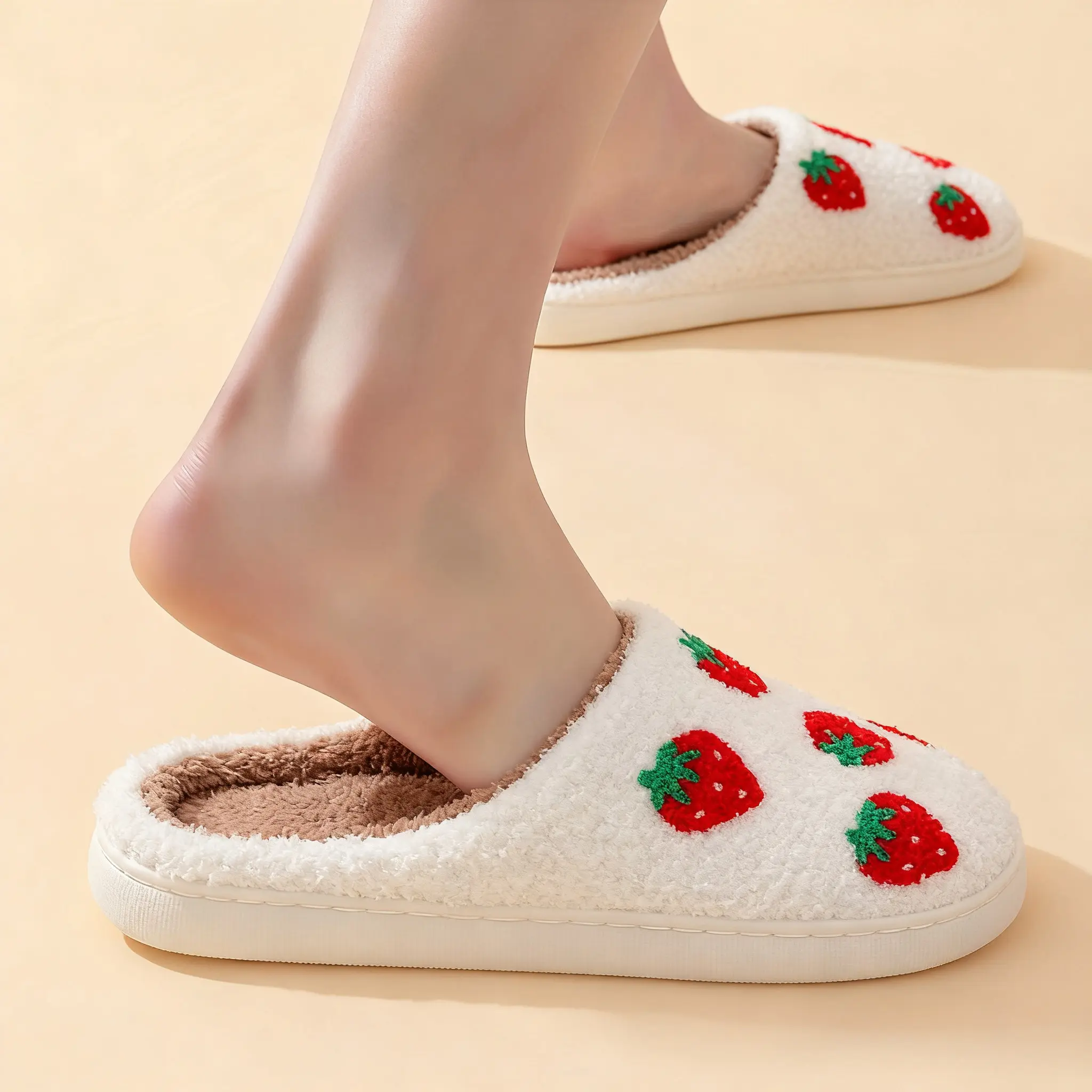 Women's Strawberry Cartoon Print Cotton Upper Slippers - Soft, Thick-Cushion Indoor House Shoes, Cozy Warm Winter Slides for Couples, Slipper