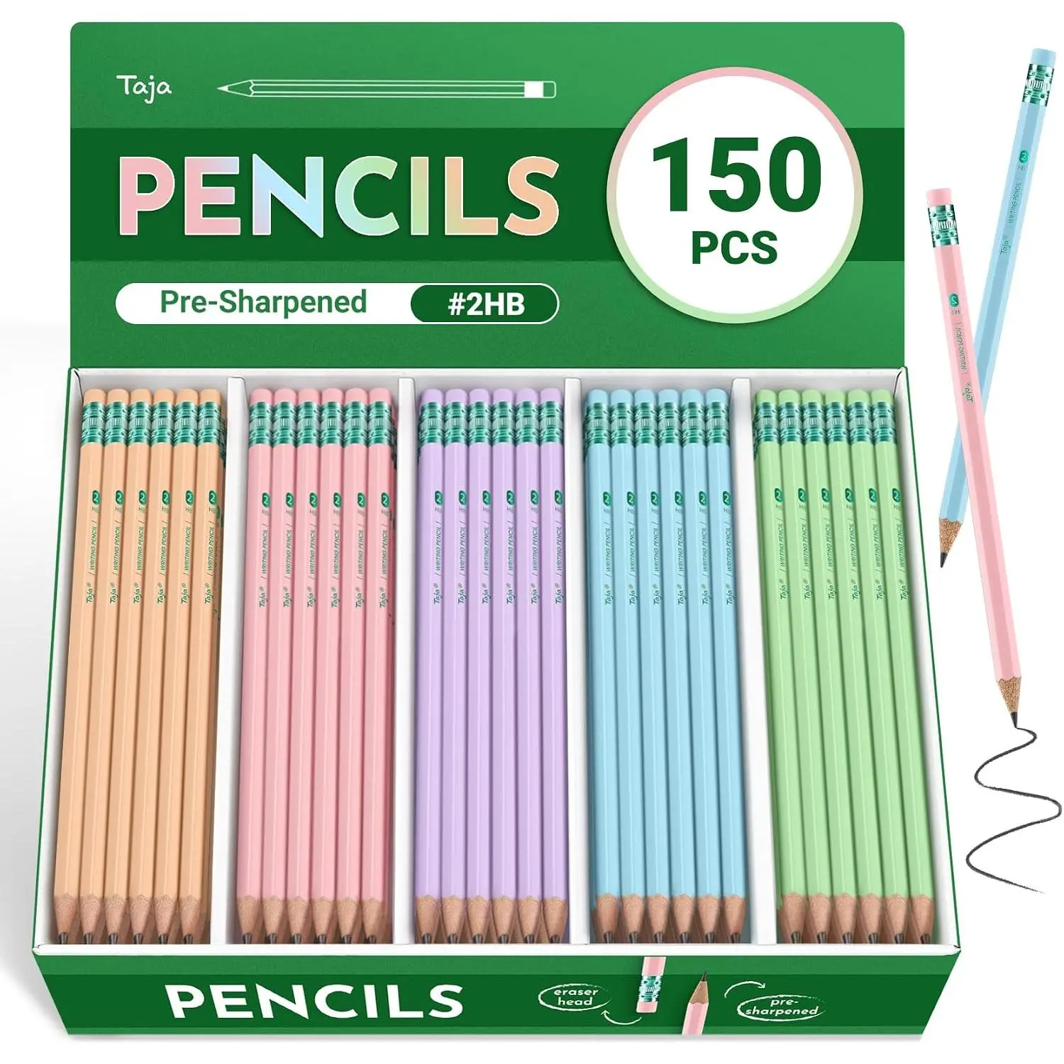 Taja 150 Pack #2 HB Pencils, Bulk Pre-Sharpened Wood-Cased Pencils with Erasers, Large Pack Writing & Drawing Pencils for School Classroom Testing, Macaron